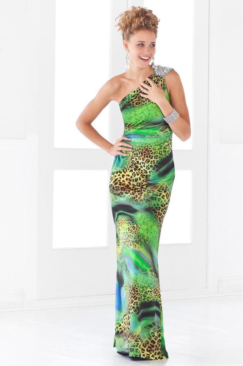 Blush by Alexia Designs - 9379 Asymmetrical Animal Print Sheath Gown Special Occasion Dress 0 / Green Multi