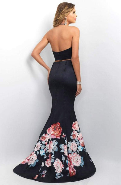 Blush - Two-Piece Floral Halter Neck Satin Mermaid Gown 11137 In Black and Multi-Color