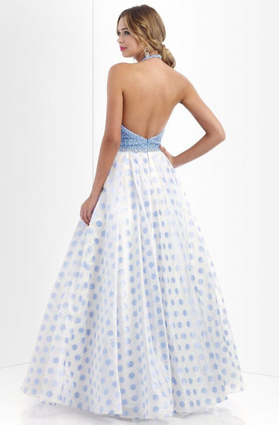 Blush - Embellished Halter Neck Polka Dot Printed Ball Gown 5516 in Blue and White
