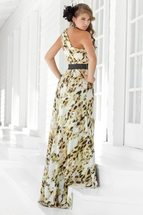 Blush - One Shoulder Printed Long Dress with Slit 9309 In Cream and Black