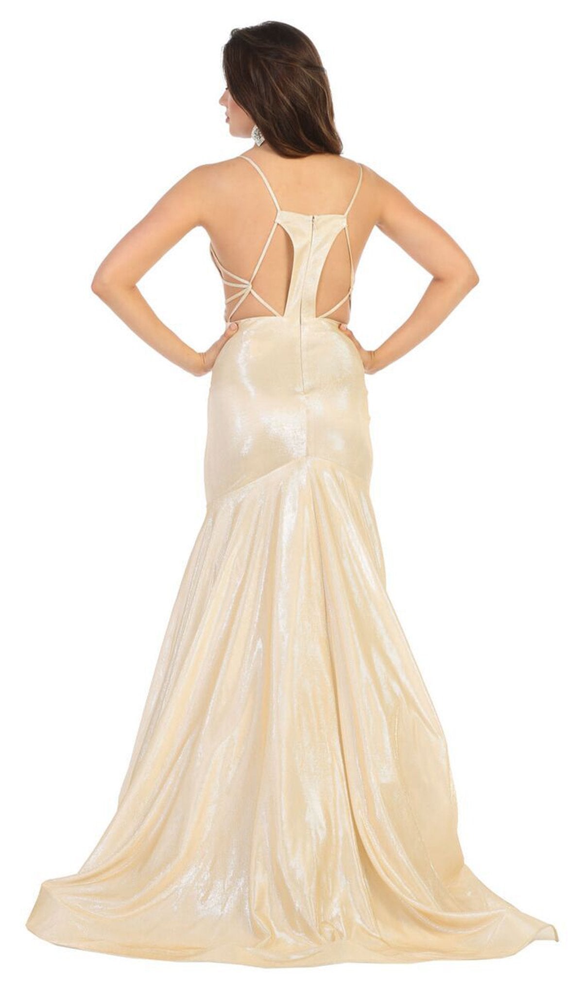 May Queen - RQ7739 Strappy Plunging V-Neck Trumpet Dress In Nude