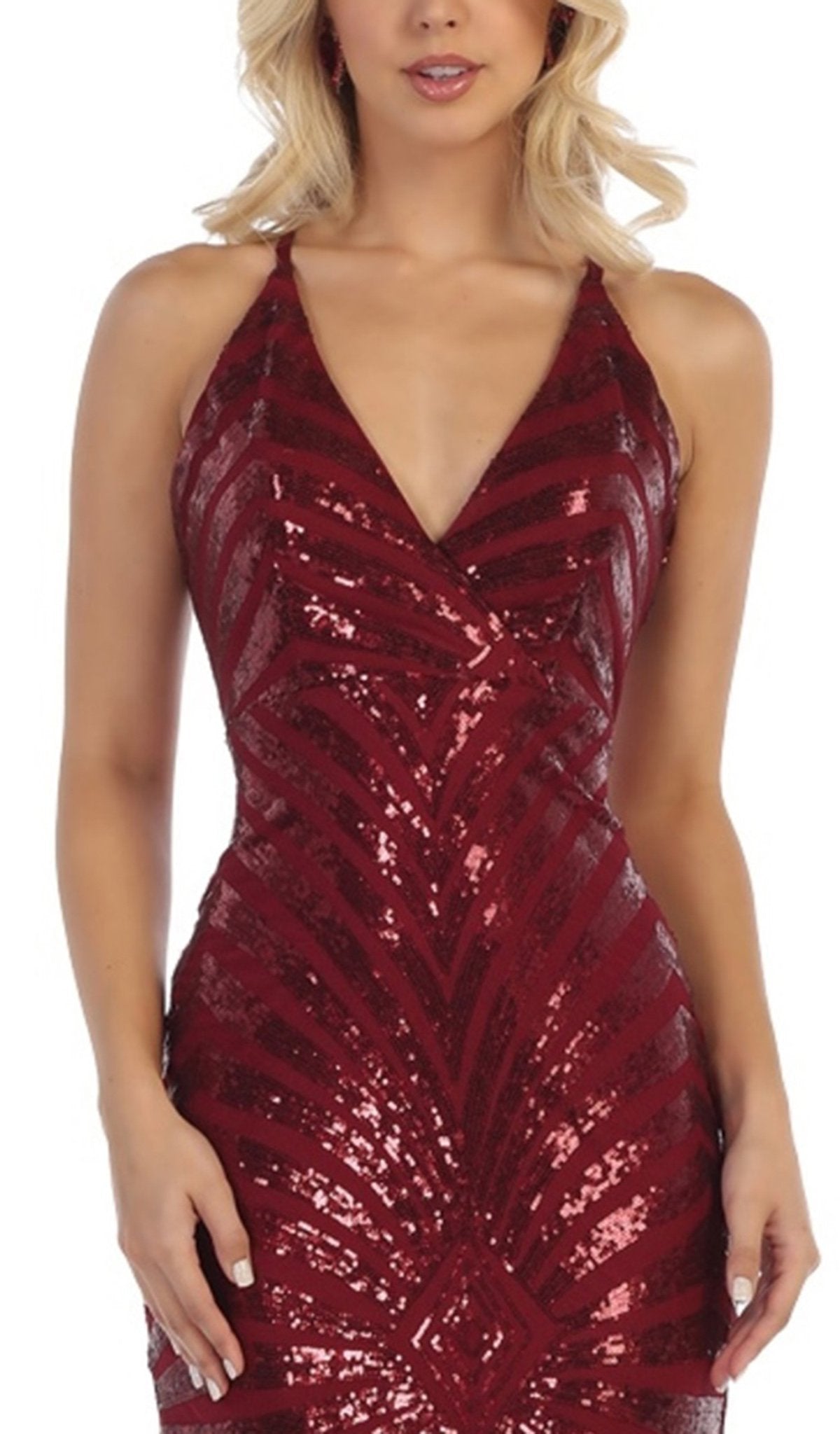 May Queen - RQ7695 Embellished Plunging V-neck Sheath Dress In Red