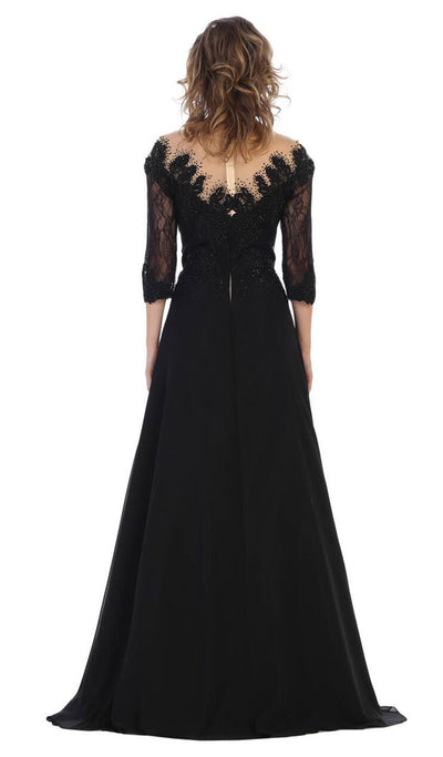 May Queen - MQ1617 Beaded Lace Illusion Bateau Dress In Black