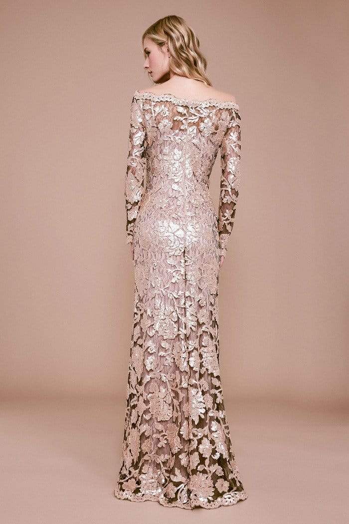 Tadashi Shoji - Ophelia Long-Sleeve Metallic Embroidered Gown In Neutral and Pink