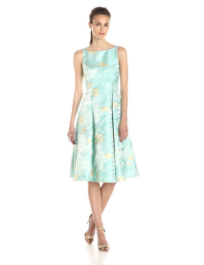 Adrianna Papell - 41889270 Tea-Length Jacquard Floral Print Dress in Green and Floral