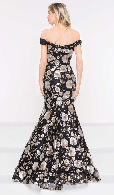 Marsoni by Colors - M236 Floral Appliqued Off-Shoulder Mermaid Gown in Black