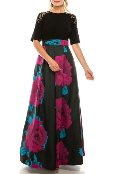 Ignite Evenings - IG3874 Lace Jewel Neck Floral Print A-line Gown In Black and Multi-Color