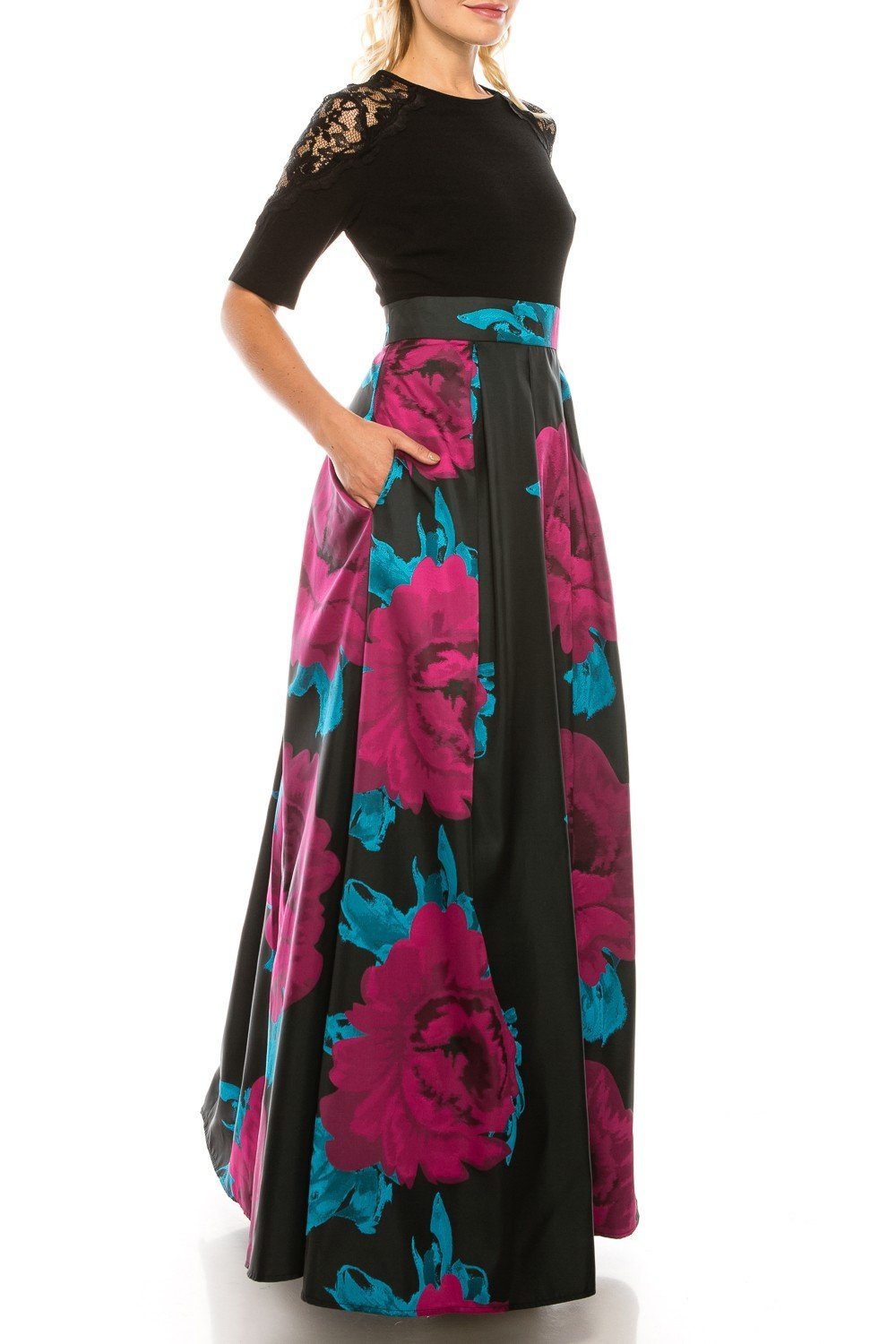 Ignite Evenings - IG3874 Lace Jewel Neck Floral Print A-line Gown In Black and Multi-Color
