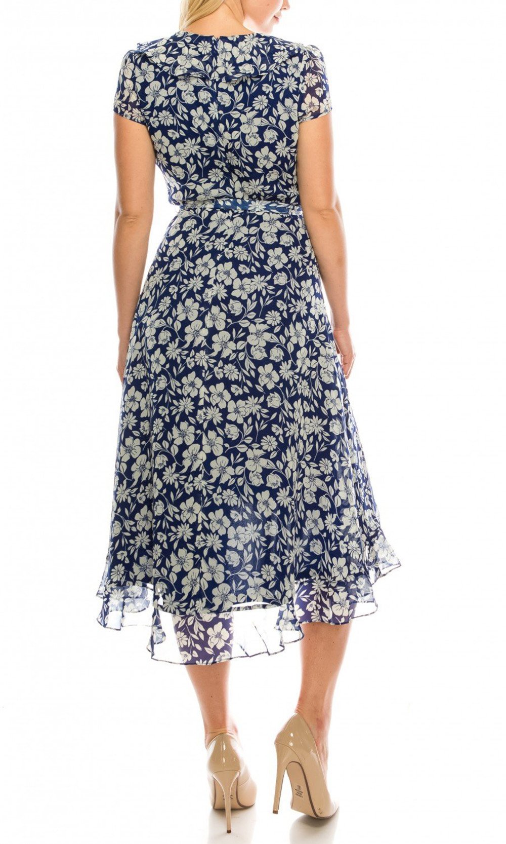 Gabby Skye - 57384MG Floral Print Ruffle Trim Chiffon High Low Dress In Blue and White