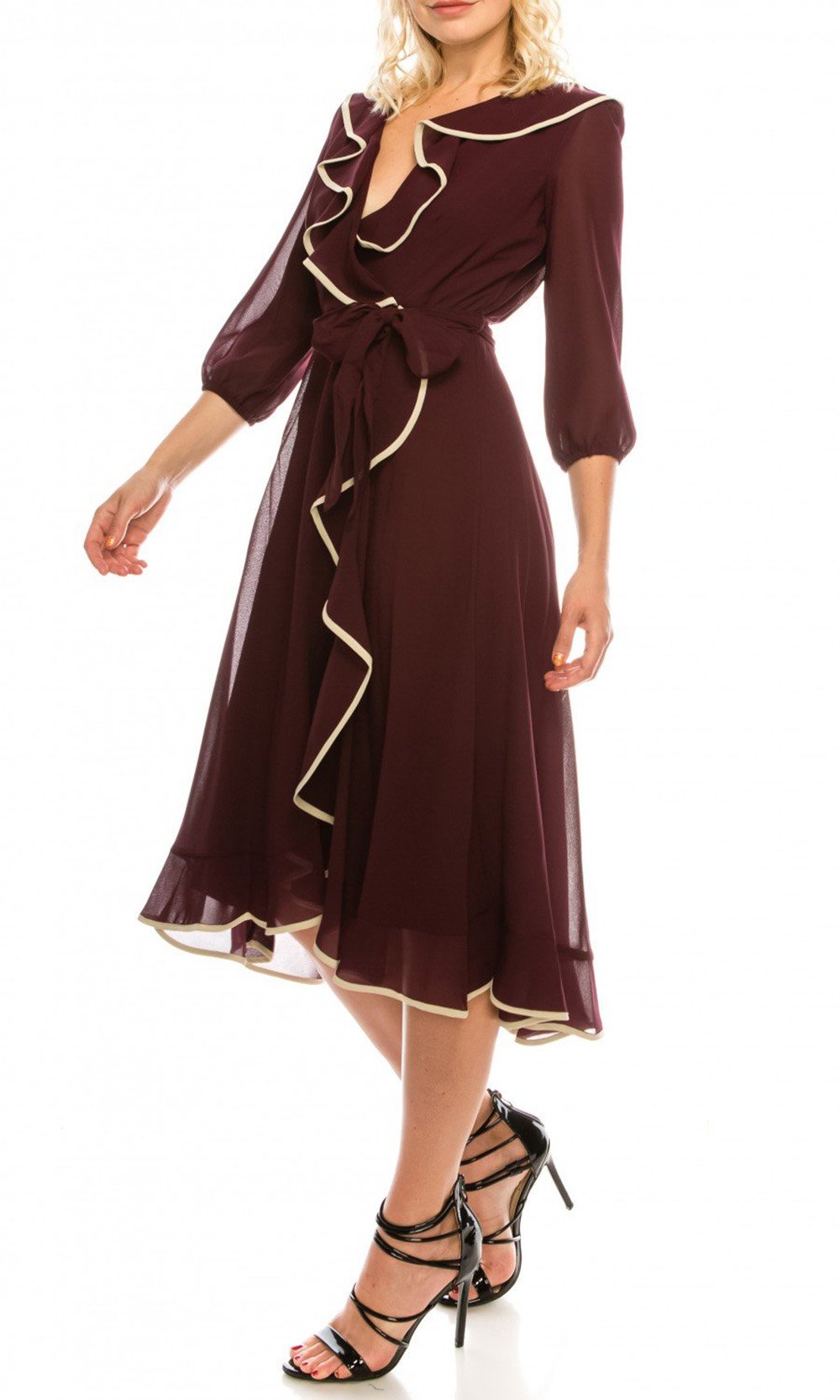 Gabby Skye - 57181MG Ruffle Contrast Trim A-Line Chiffon Dress In Brown and Red