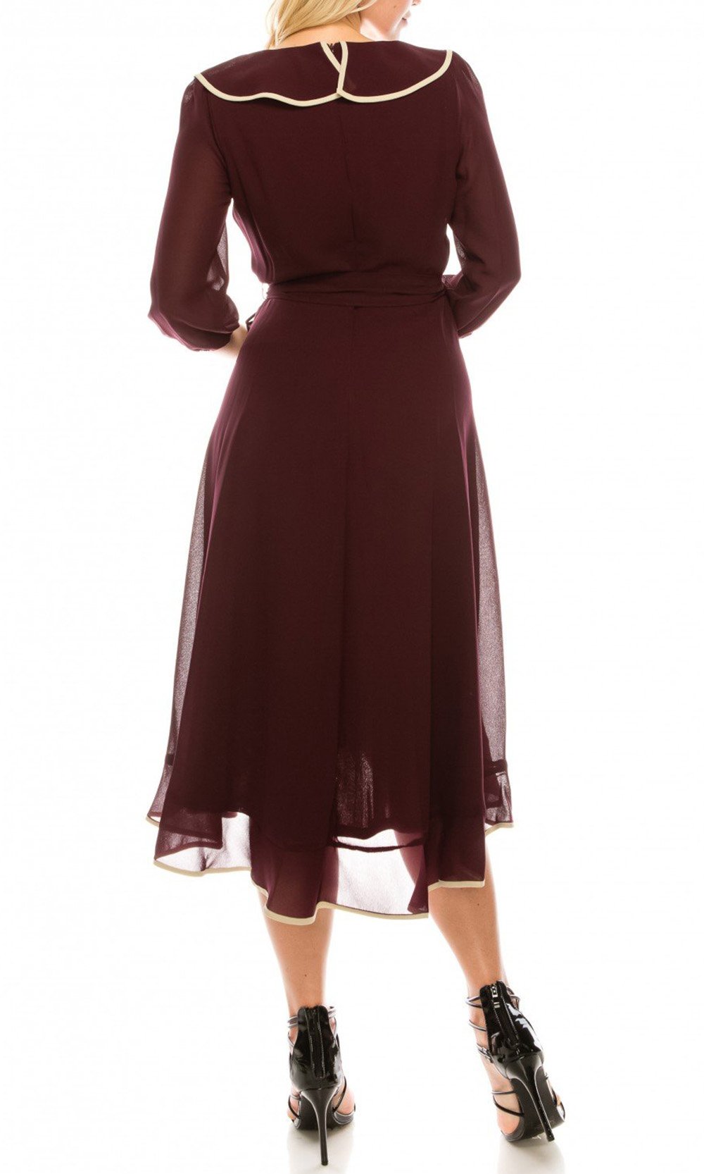 Gabby Skye - 57181MG Ruffle Contrast Trim A-Line Chiffon Dress In Brown and Red