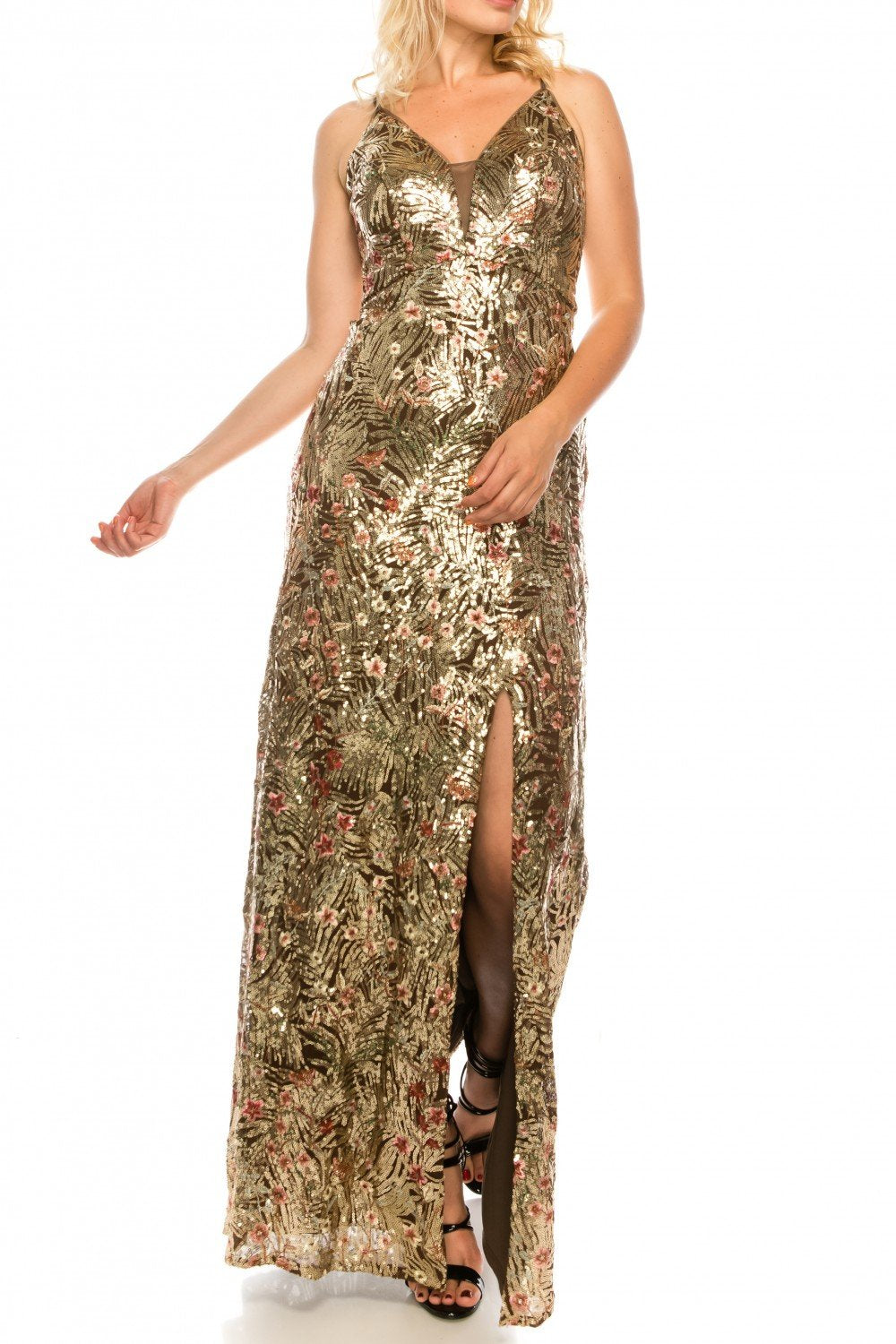 Cachet - 59548 Sequined Deep V-neck Sheath Dress In Gold and Brown