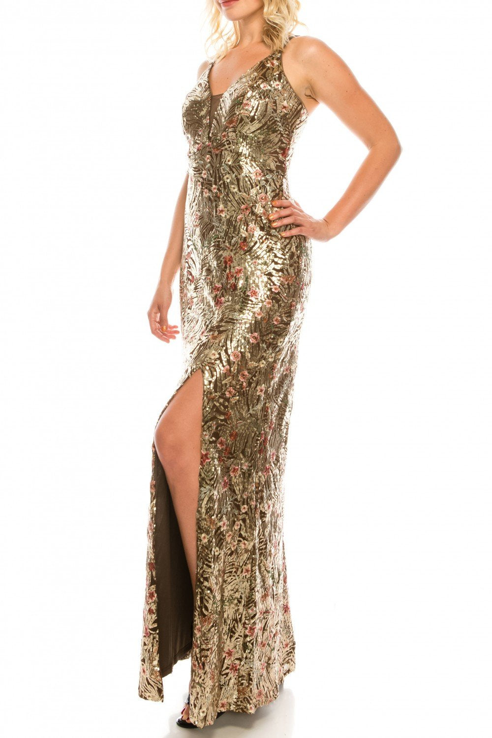 Cachet - 59548 Sequined Deep V-neck Sheath Dress In Gold and Brown