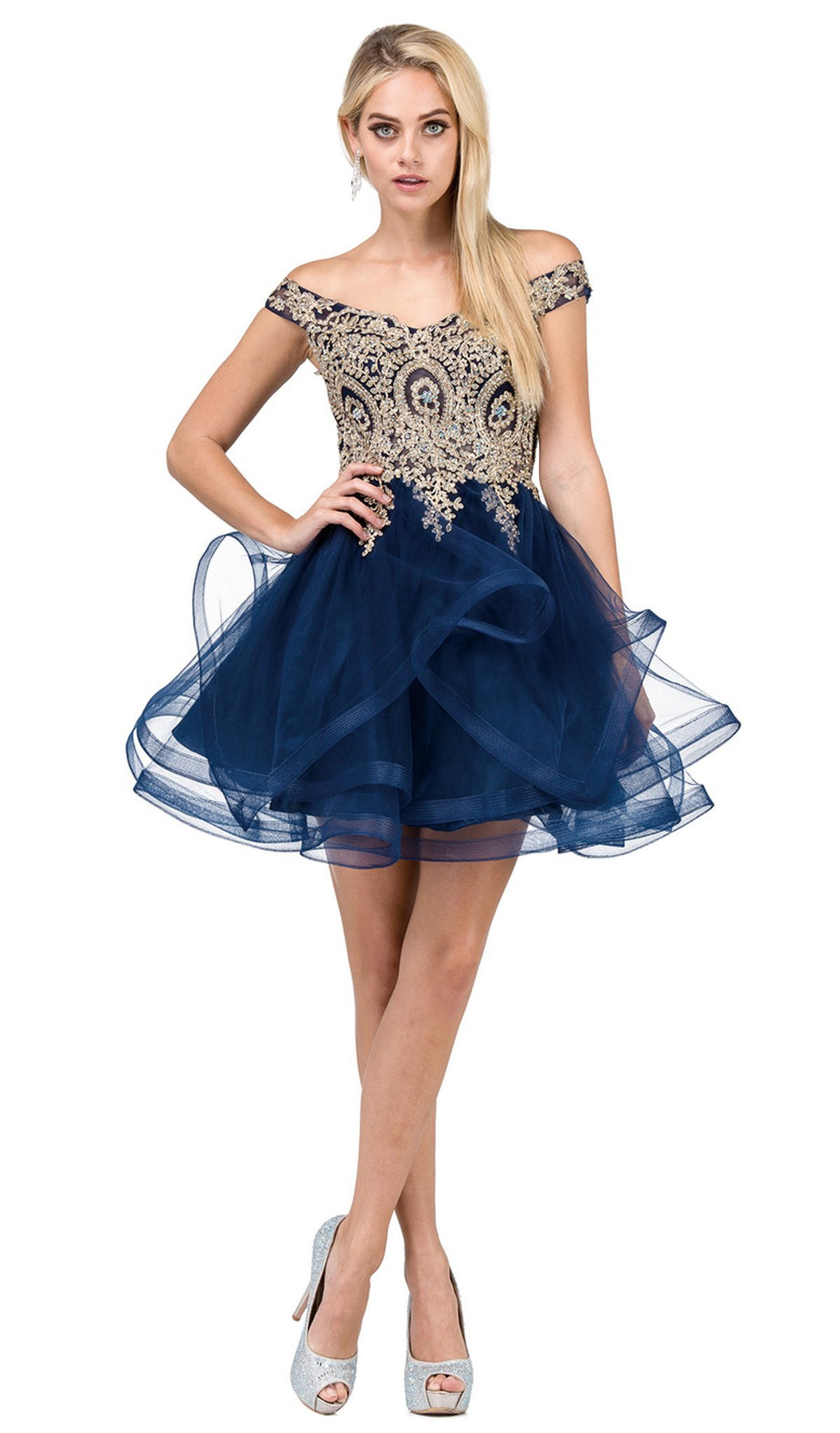 Dancing Queen - 3000 Gold Lace Overlay and Tulle A Line Cocktail Dress In Blue