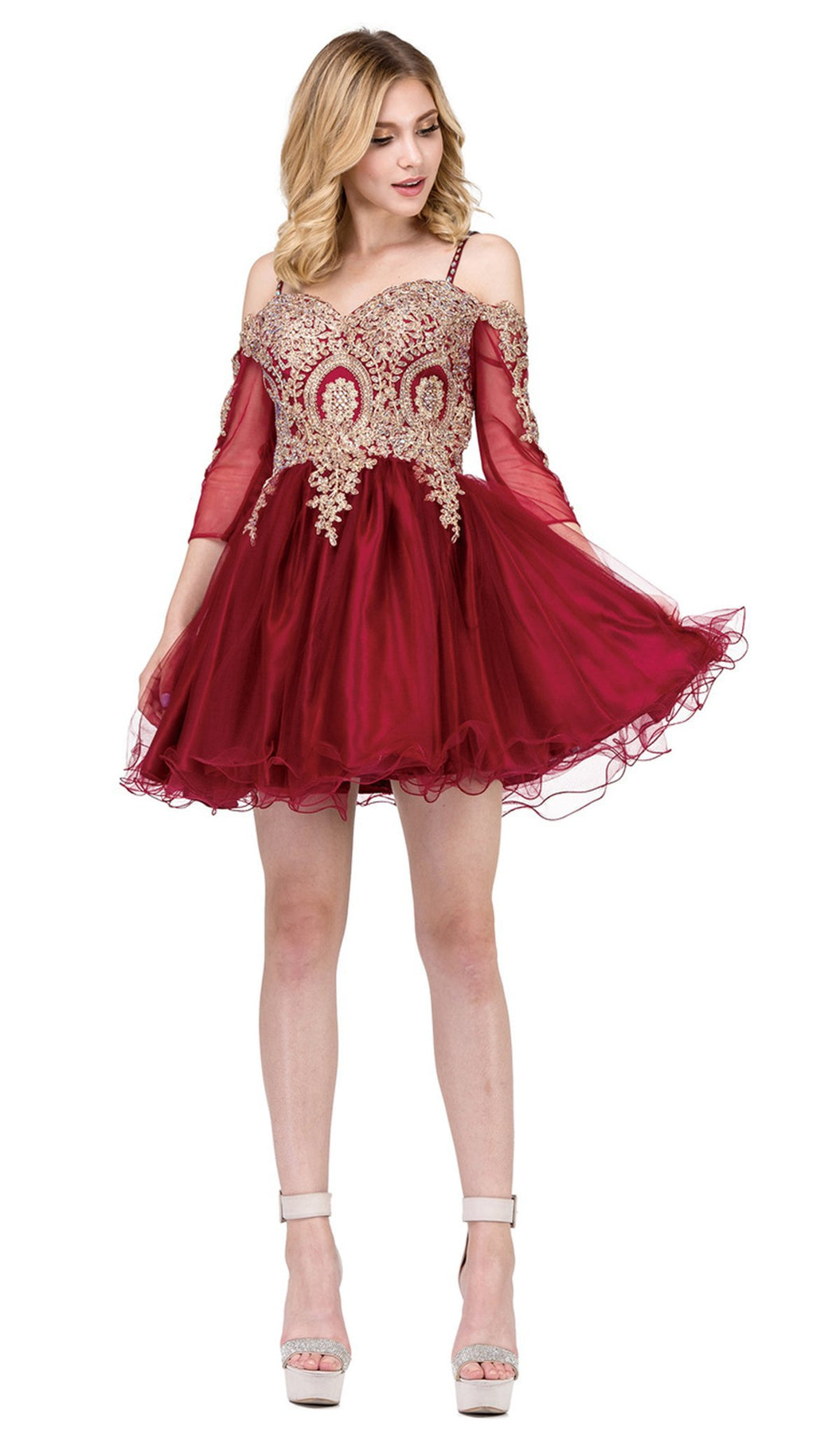Dancing Queen - 3001 Cold Shoulder Gold Lace Applique Cocktail Dress In Red