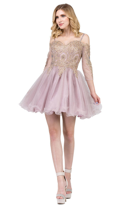 Dancing Queen - 3001 Cold Shoulder Gold Lace Applique Cocktail Dress In Pink