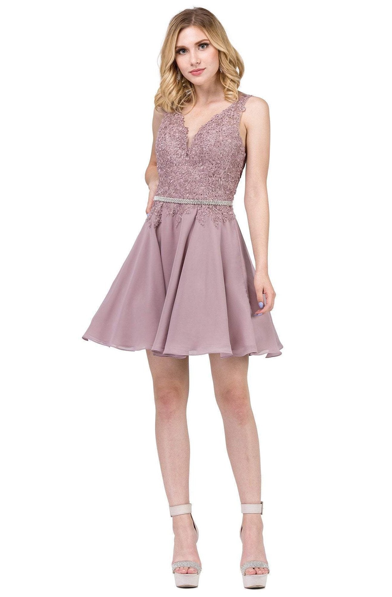 Dancing Queen - 3011 Plunging V-Neck Lace Bodice Homecoming Dress in Pink