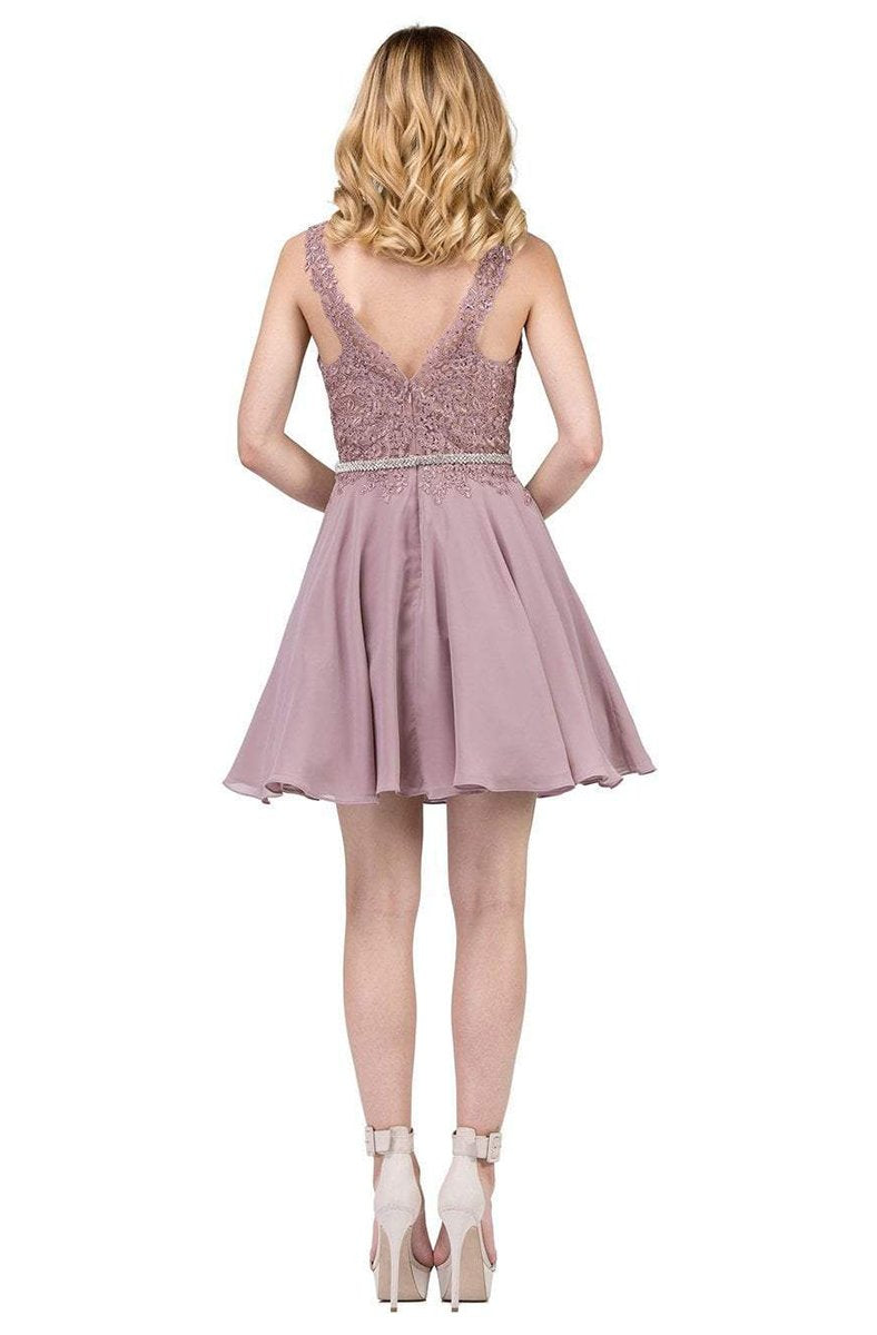 Dancing Queen - 3011 Plunging V-Neck Lace Bodice Homecoming Dress in Pink