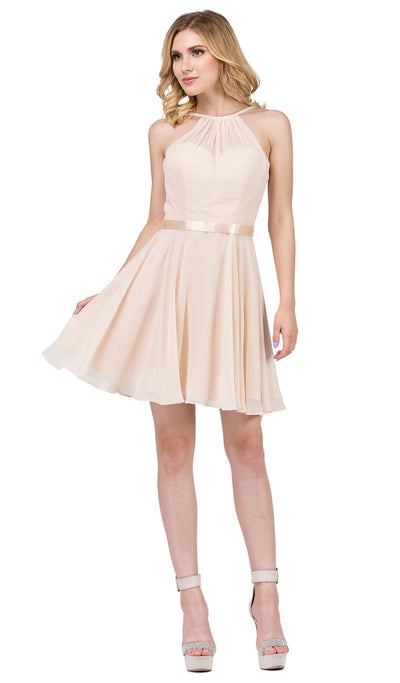 Dancing Queen - 3013 Halter Style Sleeveless Chiffon Cocktail Dress In Nude