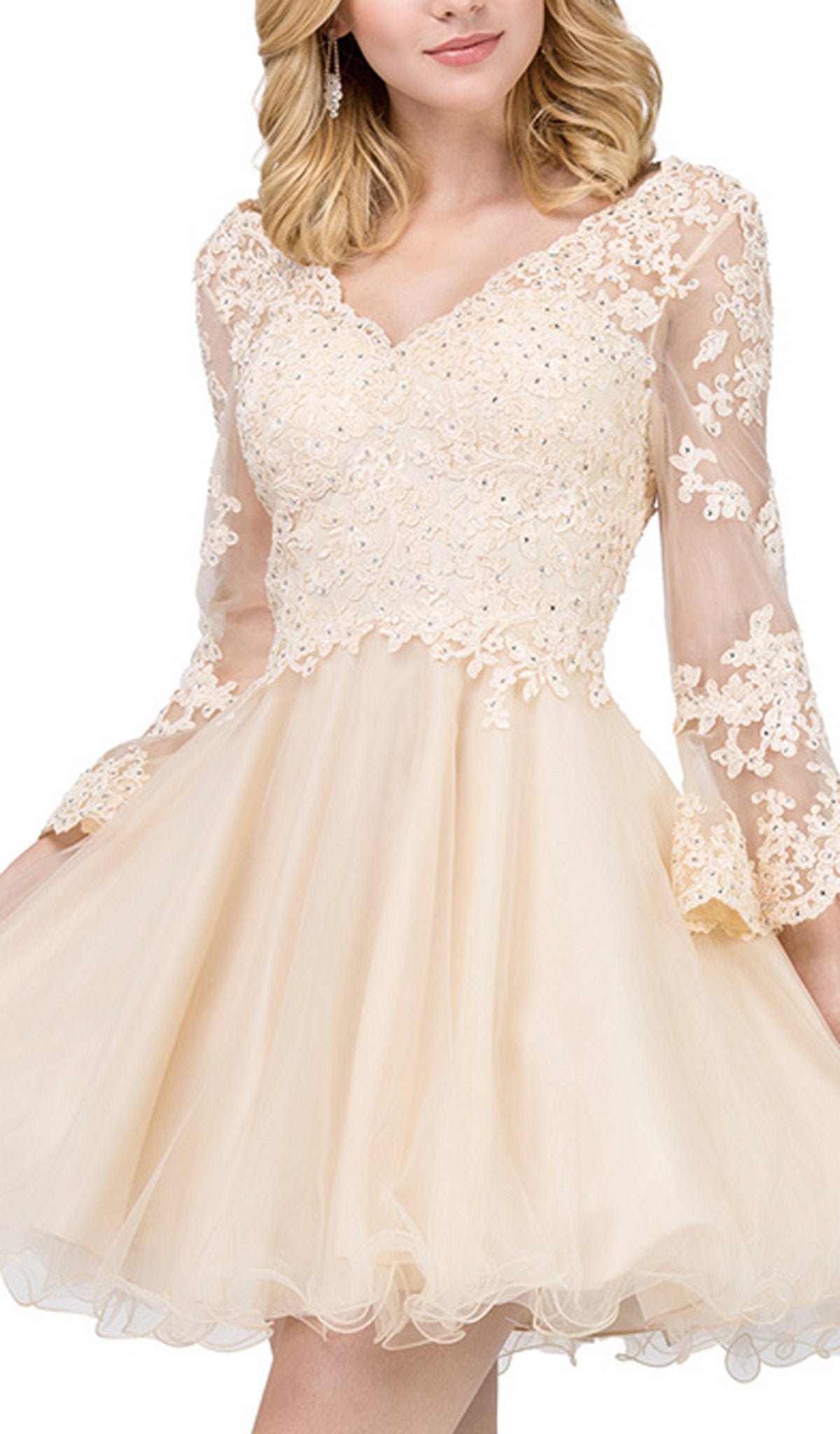 Dancing Queen - 3015 Beaded Lace Long Sleeve A-line Homecoming Dress In Nude