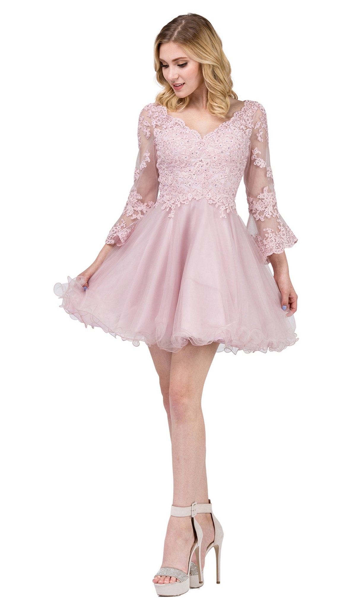 Dancing Queen - 3015 Beaded Lace Long Sleeve A-line Homecoming Dress In Pink