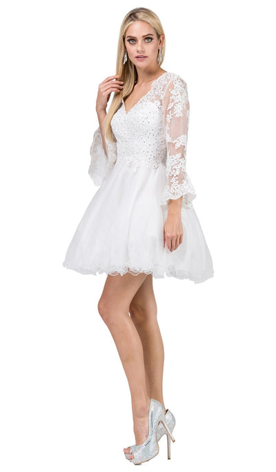 Dancing Queen - 3015 Beaded Lace Long Sleeve A-line Homecoming Dress In White