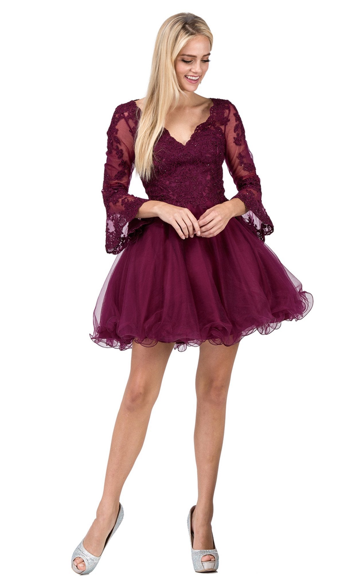 Dancing Queen - 3015 Beaded Lace Long Sleeve A-line Homecoming Dress In Red