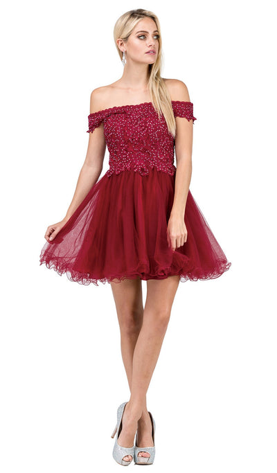Dancing Queen - 3018 Embellished Off-Shoulder A-line Homecoming Dress In Red