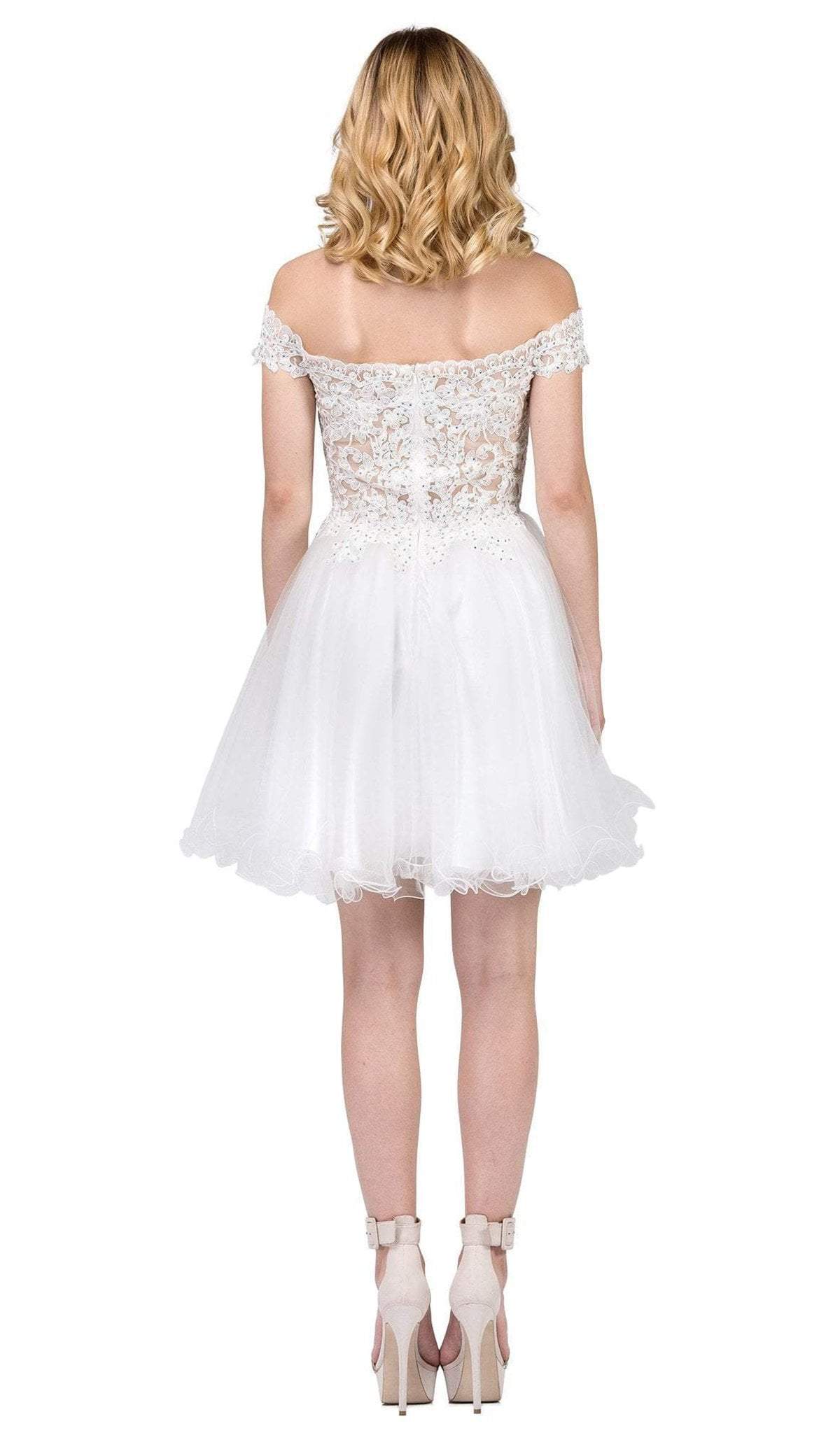 Dancing Queen - 3018 Embellished Off-Shoulder A-line Homecoming Dress In White