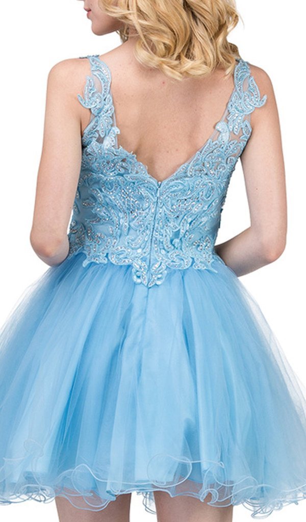 Dancing Queen - 3022 Lace Embroidered V Neck Cocktail Dress In Blue