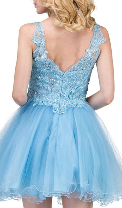 Dancing Queen - 3022 Lace Embroidered V Neck Cocktail Dress In Blue