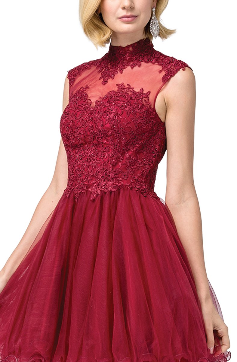 Dancing Queen - 3027 Beaded Lace High Neck A-Line Dress In Red