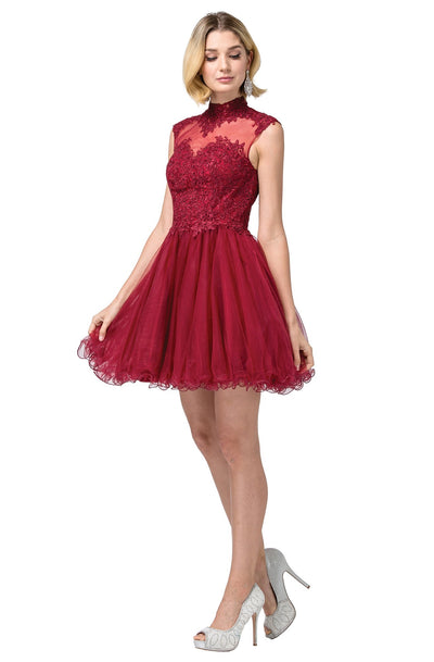 Dancing Queen - 3027 Beaded Lace High Neck A-Line Dress In Red