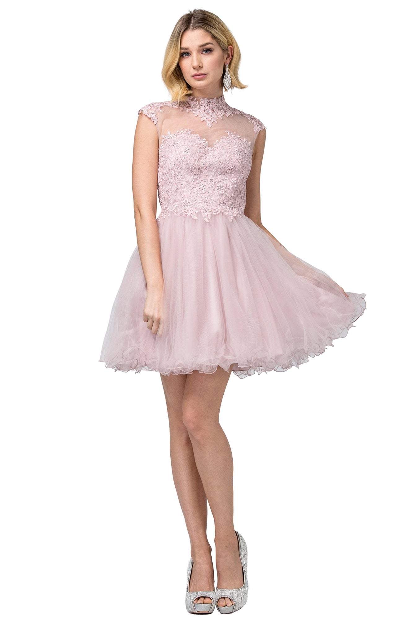 Dancing Queen - 3027 Beaded Lace High Neck A-Line Dress In Pink
