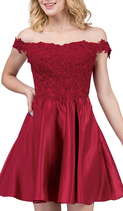 Dancing Queen - 3029 Off-Shoulder A-Line Homecoming Cocktail Dress in Red