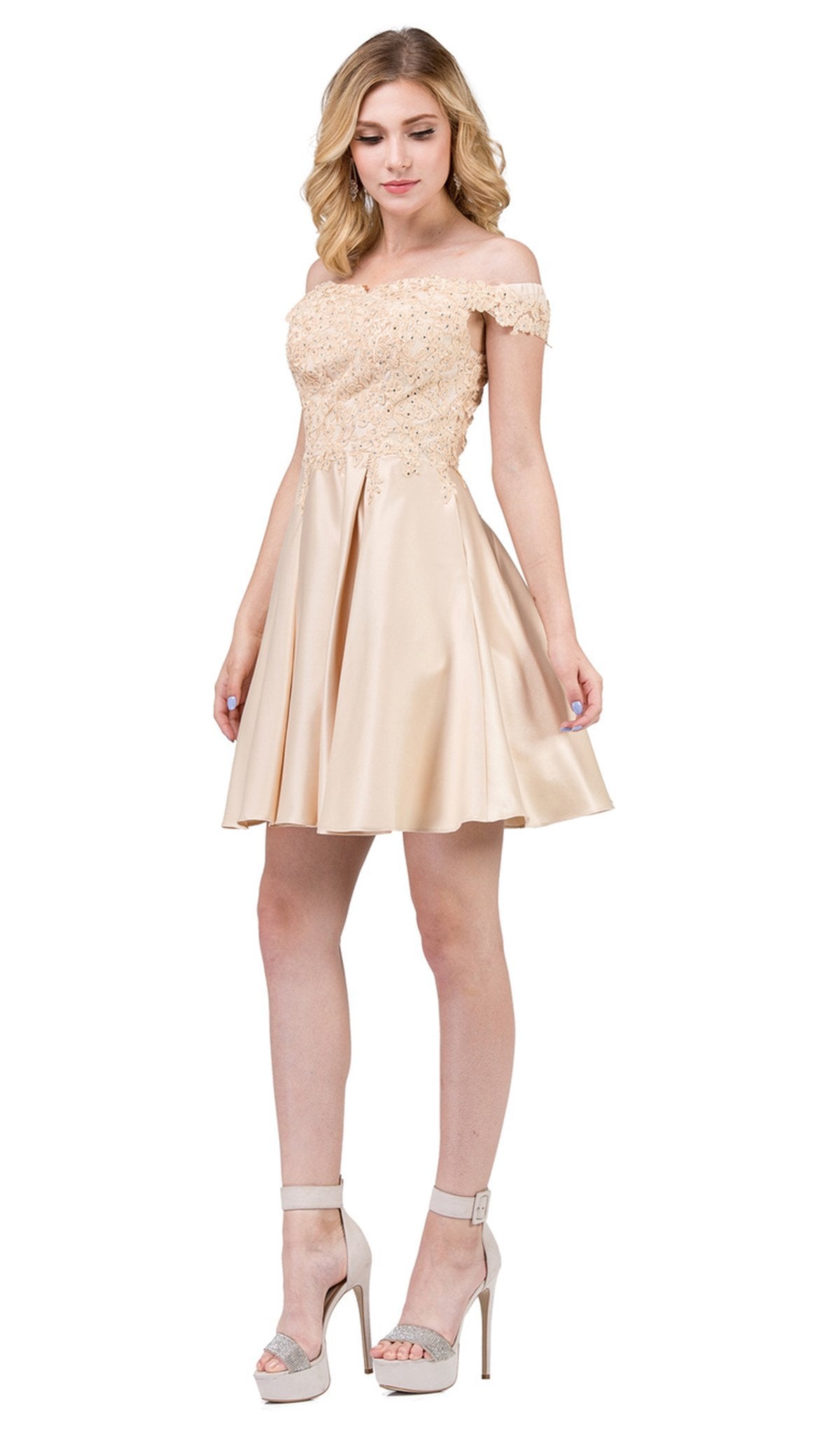 Dancing Queen - 3029 Off-Shoulder A-Line Homecoming Cocktail Dress in Neutral