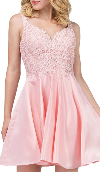 Dancing Queen - 3036 Sleeveless Beaded Lace V-neck Homecoming Dress In Pink