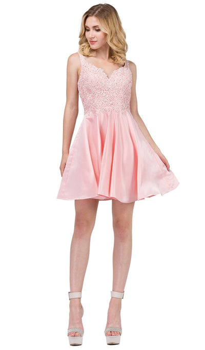 Dancing Queen - 3036 Sleeveless Beaded Lace V-neck Homecoming Dress In Pink