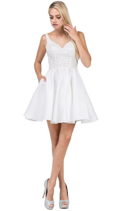 Dancing Queen - 3036 Sleeveless Beaded Lace V-neck Homecoming Dress In White