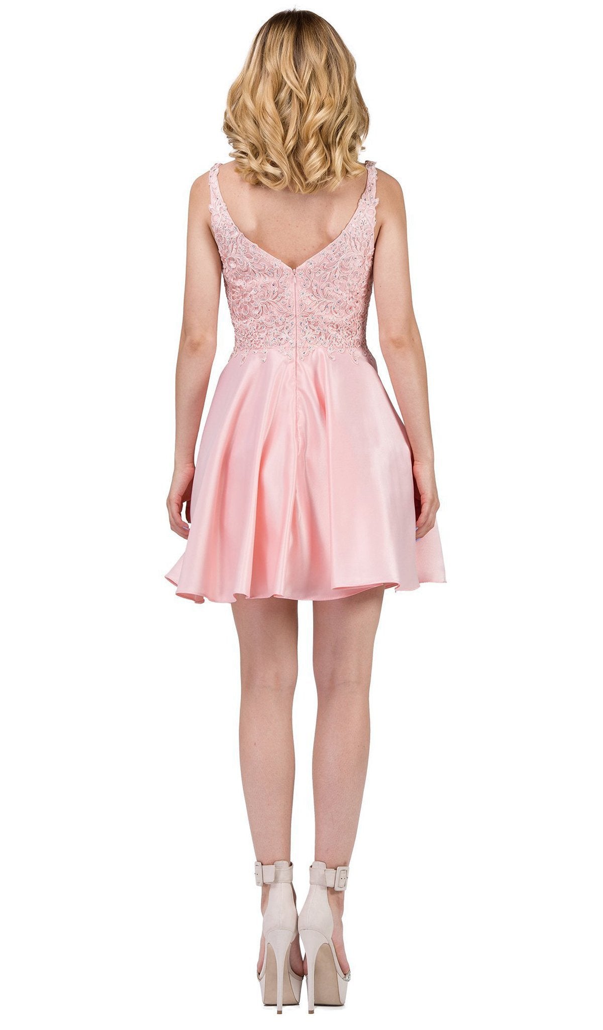 Dancing Queen - 3036 Sleeveless Beaded Lace V-neck Homecoming Dress In Pink