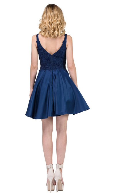 Dancing Queen - 3036 Sleeveless Beaded Lace V-neck Homecoming Dress In Blue