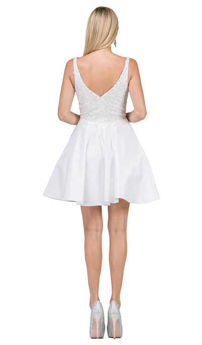 Dancing Queen - 3036 Sleeveless Beaded Lace V-neck Homecoming Dress In White
