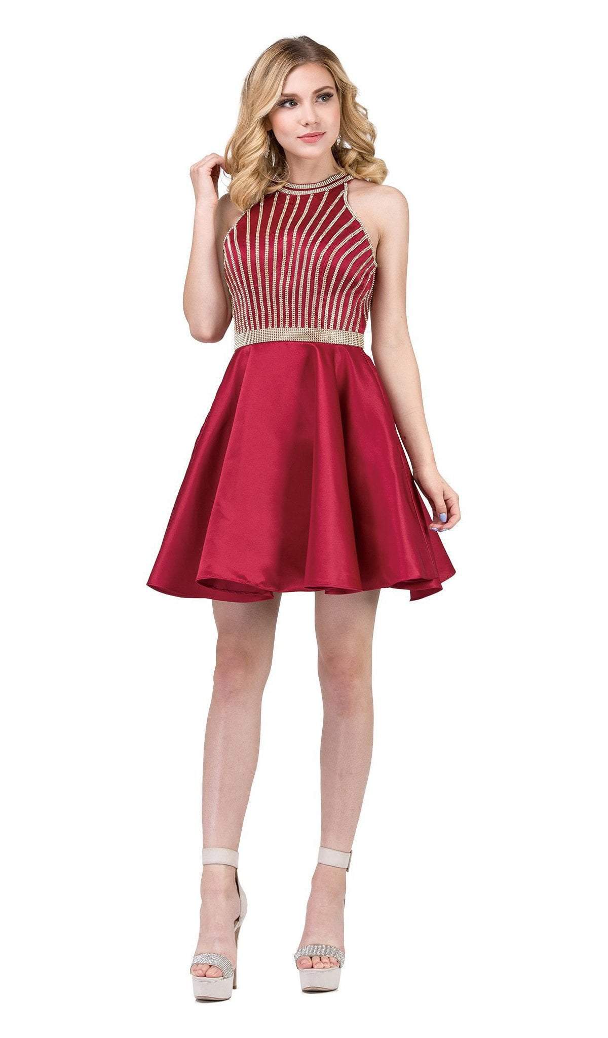 Dancing Queen - 3041 Gold Beaded Halter Neck A-line Homecoming Dress in Red