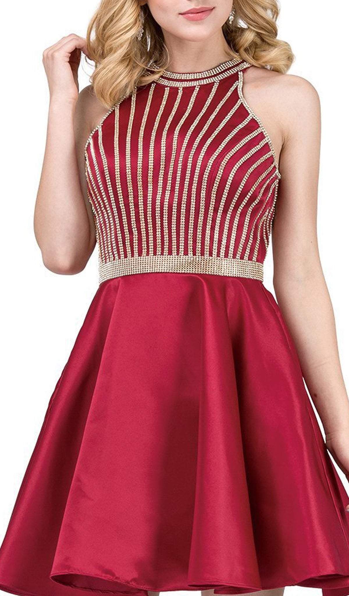 Dancing Queen - 3041 Gold Beaded Halter Neck A-line Homecoming Dress in Red