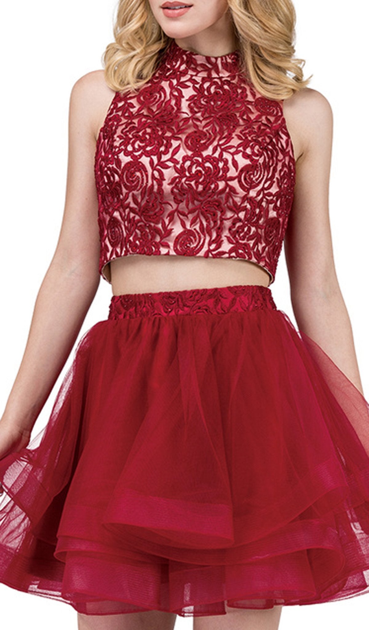 Dancing Queen - 3042 Two Piece Floral Embroidered Homecoming Dress in Red