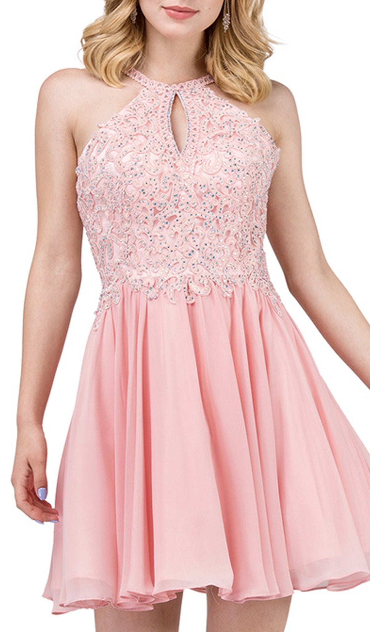 Dancing Queen - 3043 Beaded Lace Halter Homecoming Dress in Pink