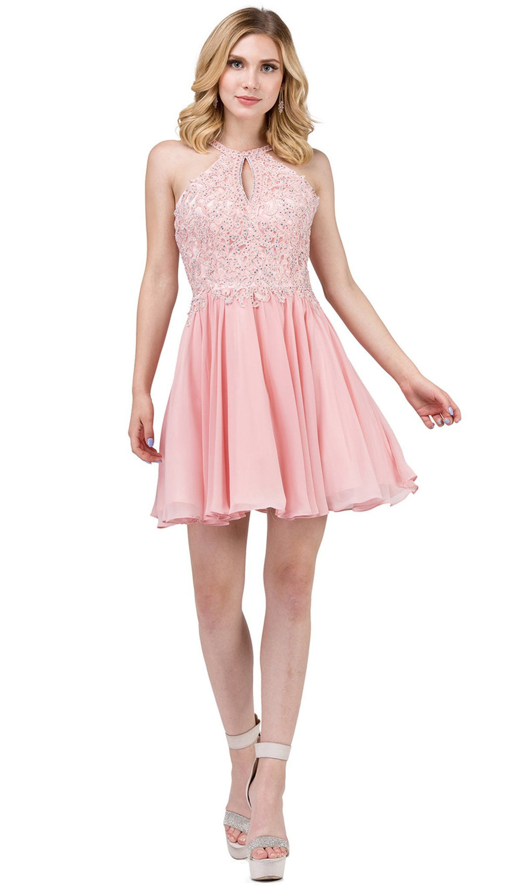 Dancing Queen - 3043 Beaded Lace Halter Homecoming Dress in Pink
