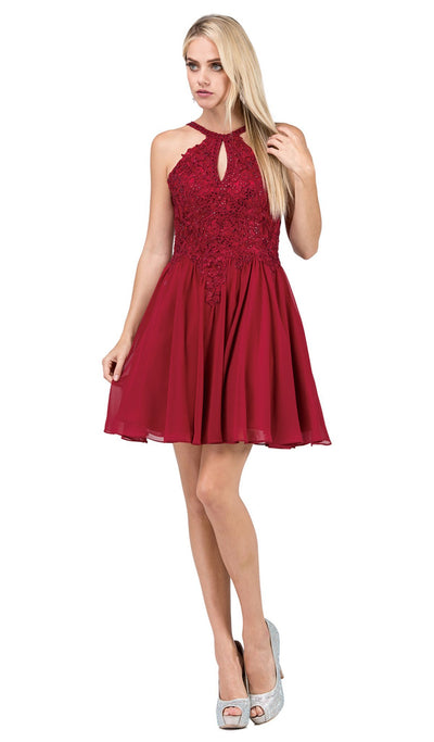 Dancing Queen - 3043 Beaded Lace Halter Homecoming Dress in Red