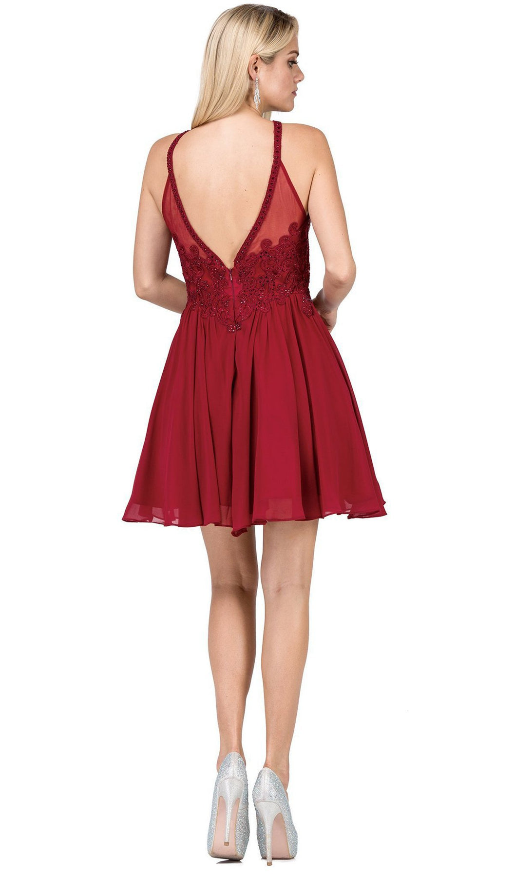 Dancing Queen - 3043 Beaded Lace Halter Homecoming Dress in Red