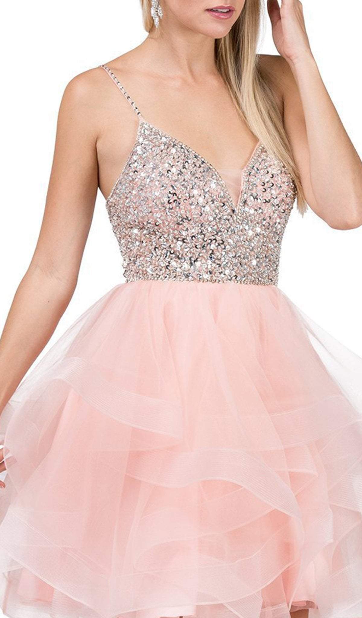 Dancing Queen - 3050 Bejeweled V-neck Tiered A-line Homecoming Dress in Pink